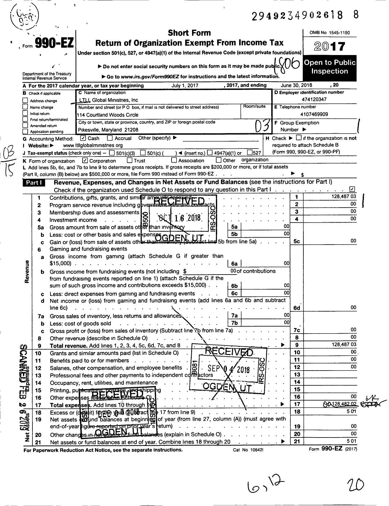 Image of first page of 2017 Form 990EZ for LTLL Global Ministries