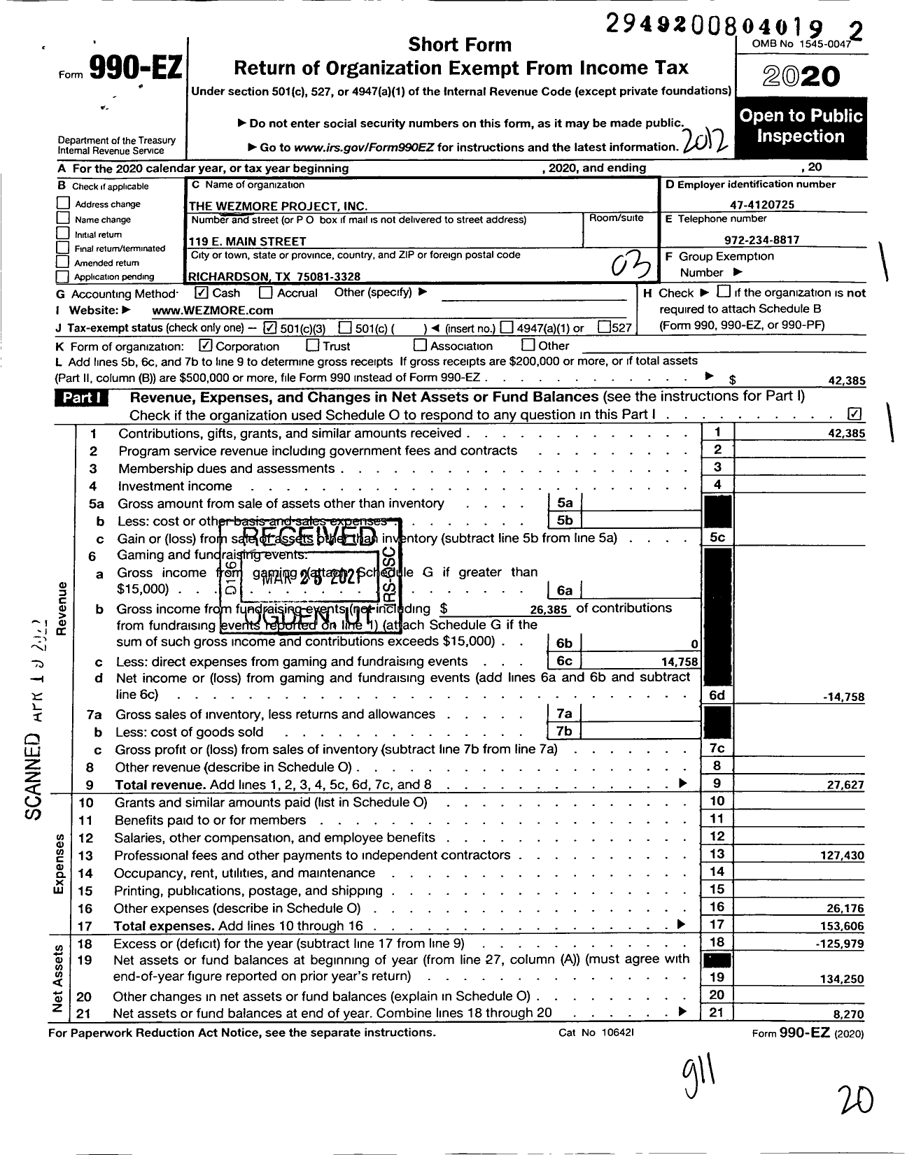 Image of first page of 2020 Form 990EZ for The Wezmore Project