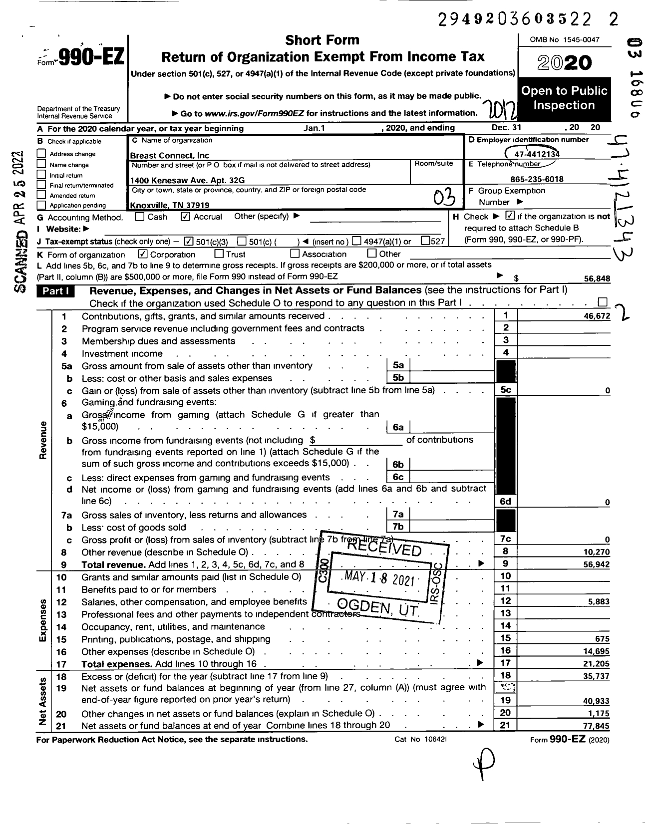 Image of first page of 2020 Form 990EZ for Breast Connect