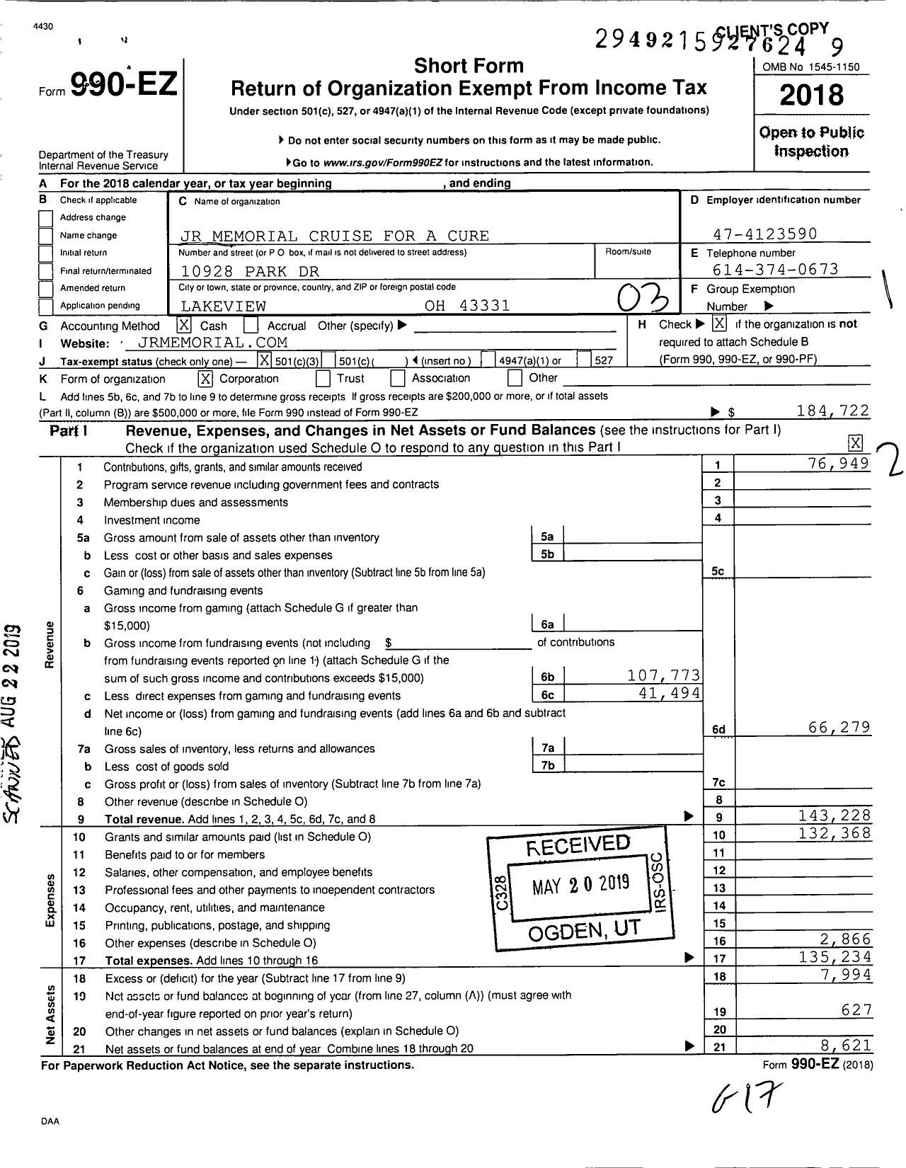 Image of first page of 2018 Form 990EZ for JR Memorial Cruise for A Cure