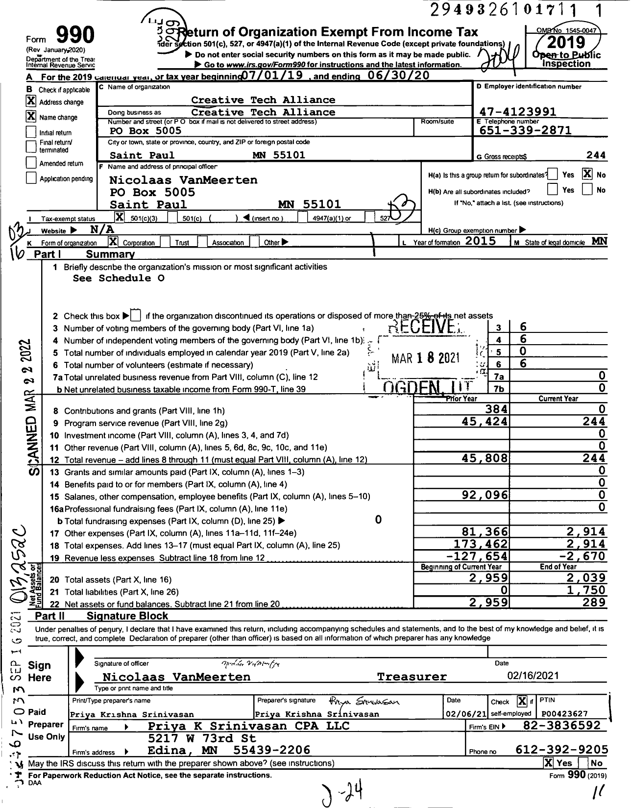 Image of first page of 2019 Form 990 for Creative Tech Alliance