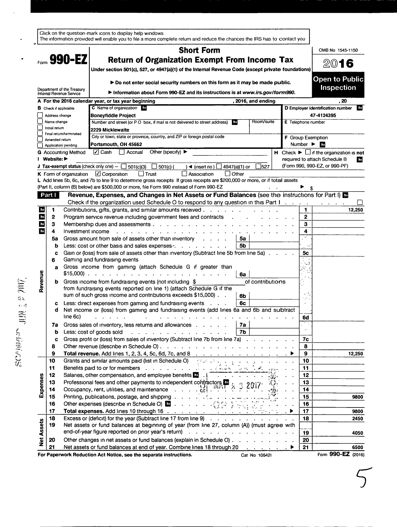 Image of first page of 2016 Form 990EO for Boneyfiddle Project