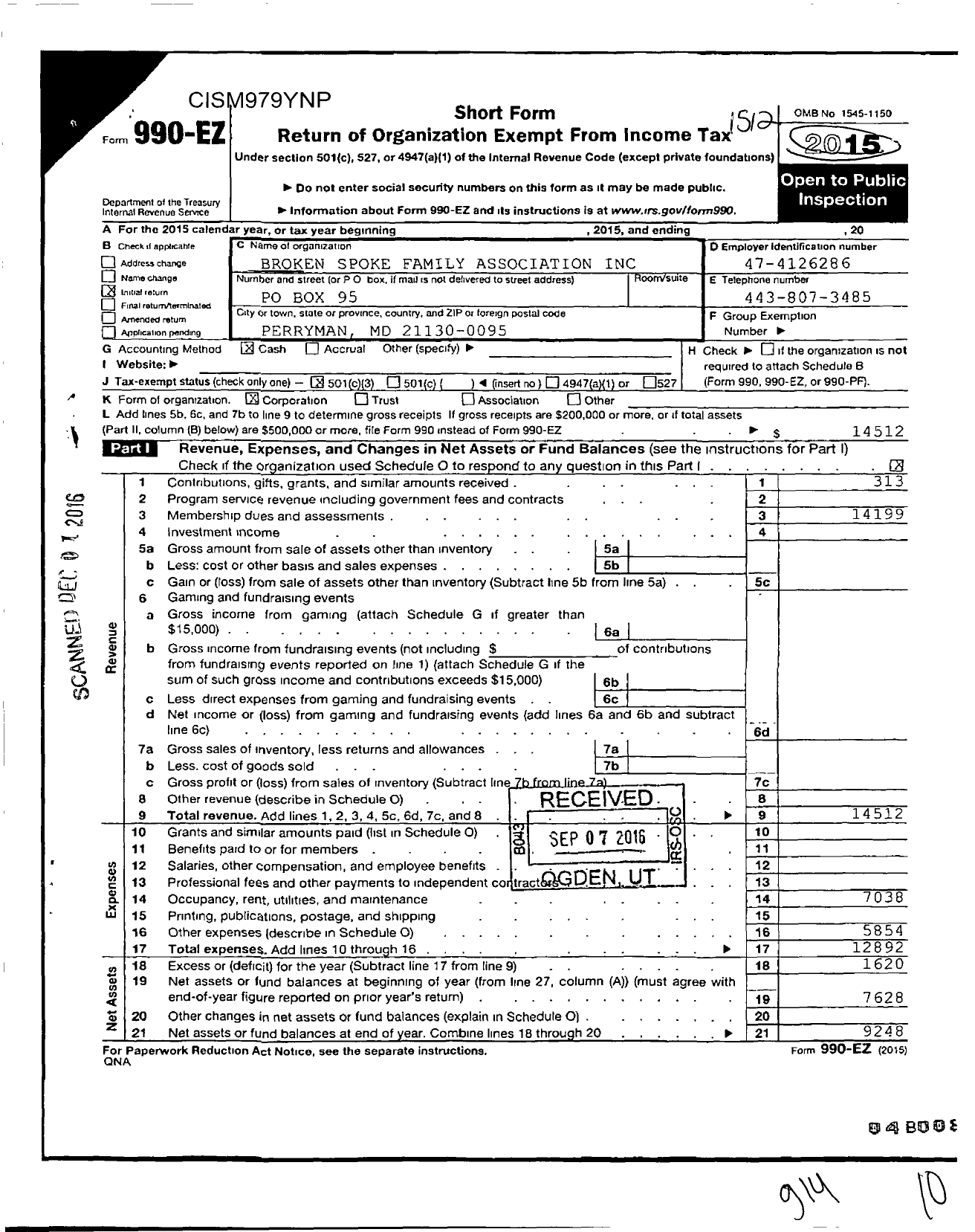 Image of first page of 2015 Form 990EZ for Broken Spoke Family Association