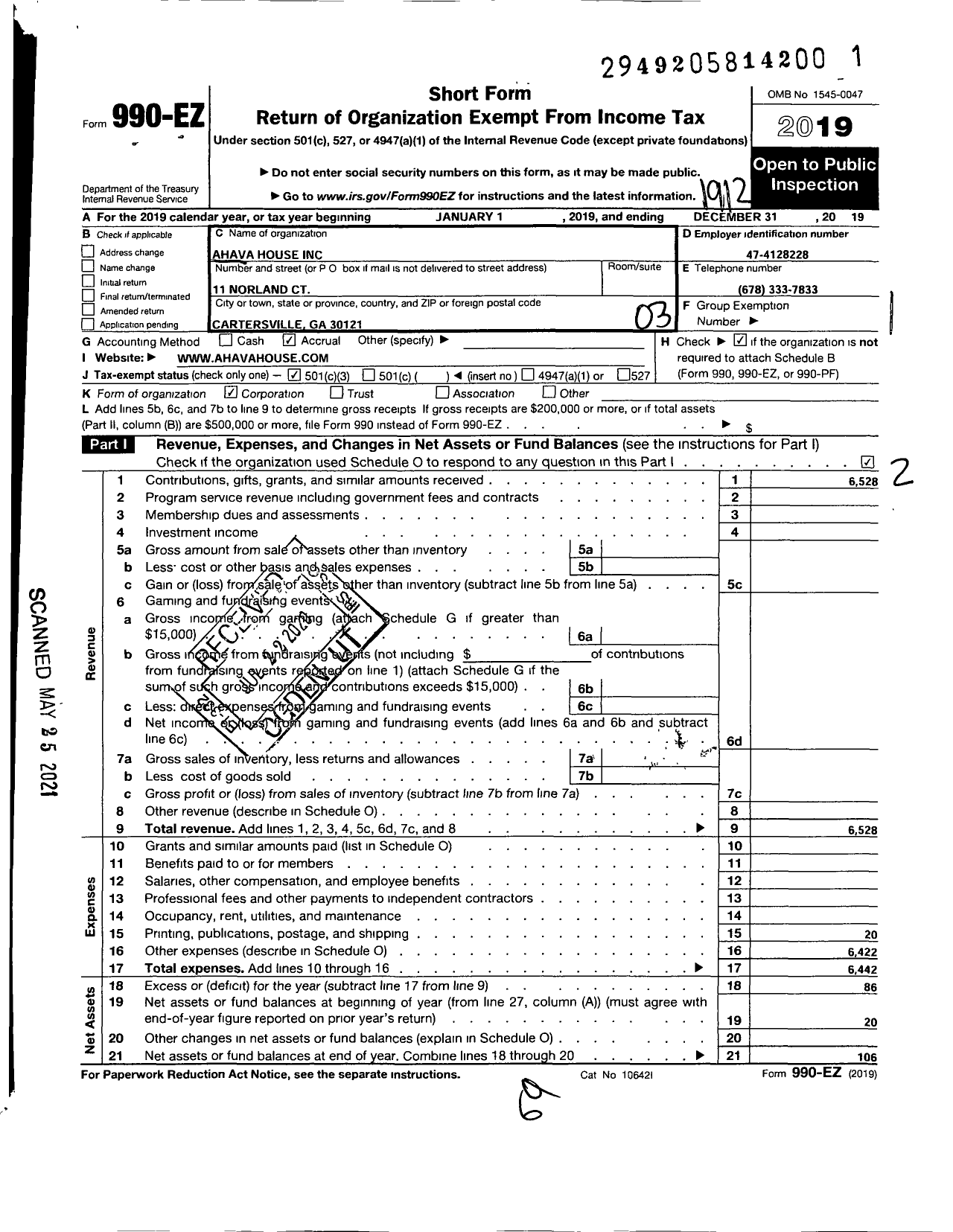 Image of first page of 2019 Form 990EZ for Ahava House