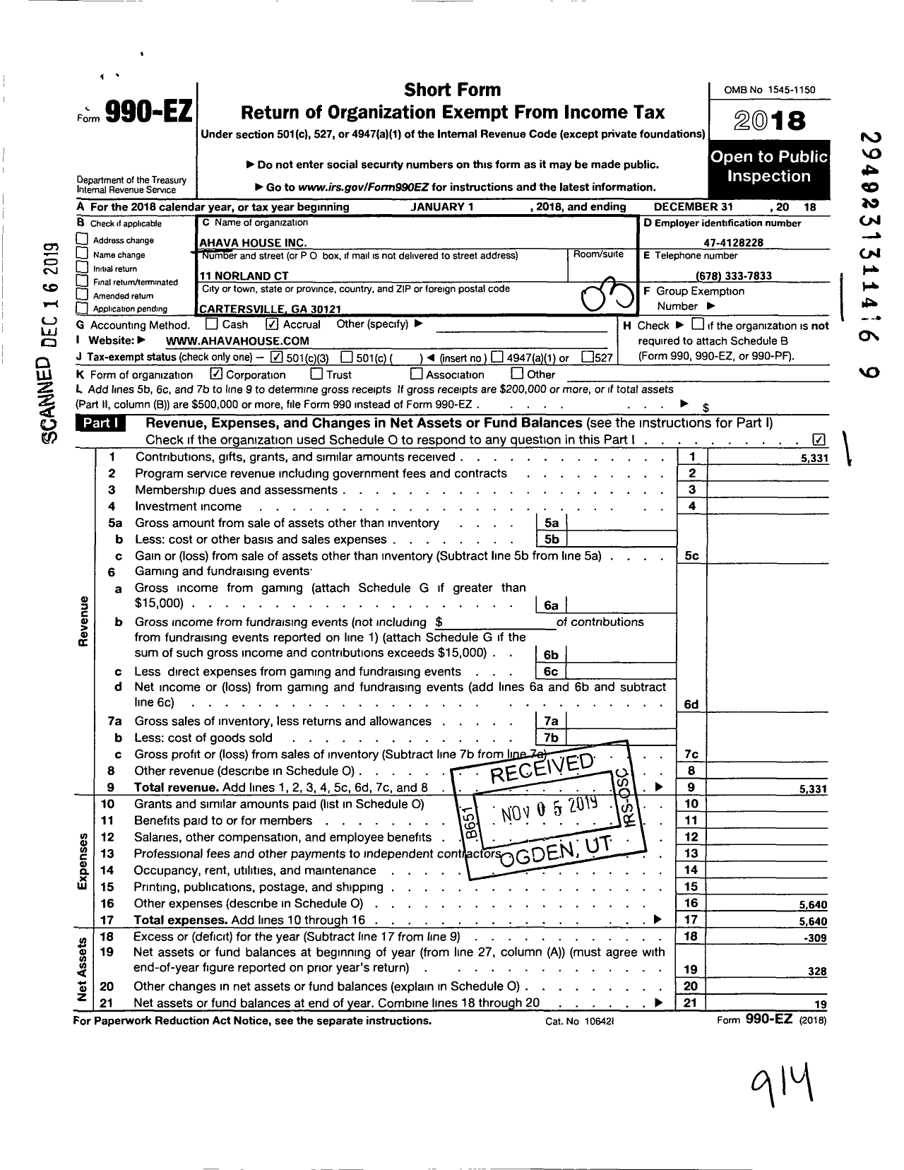 Image of first page of 2018 Form 990EZ for Ahava House