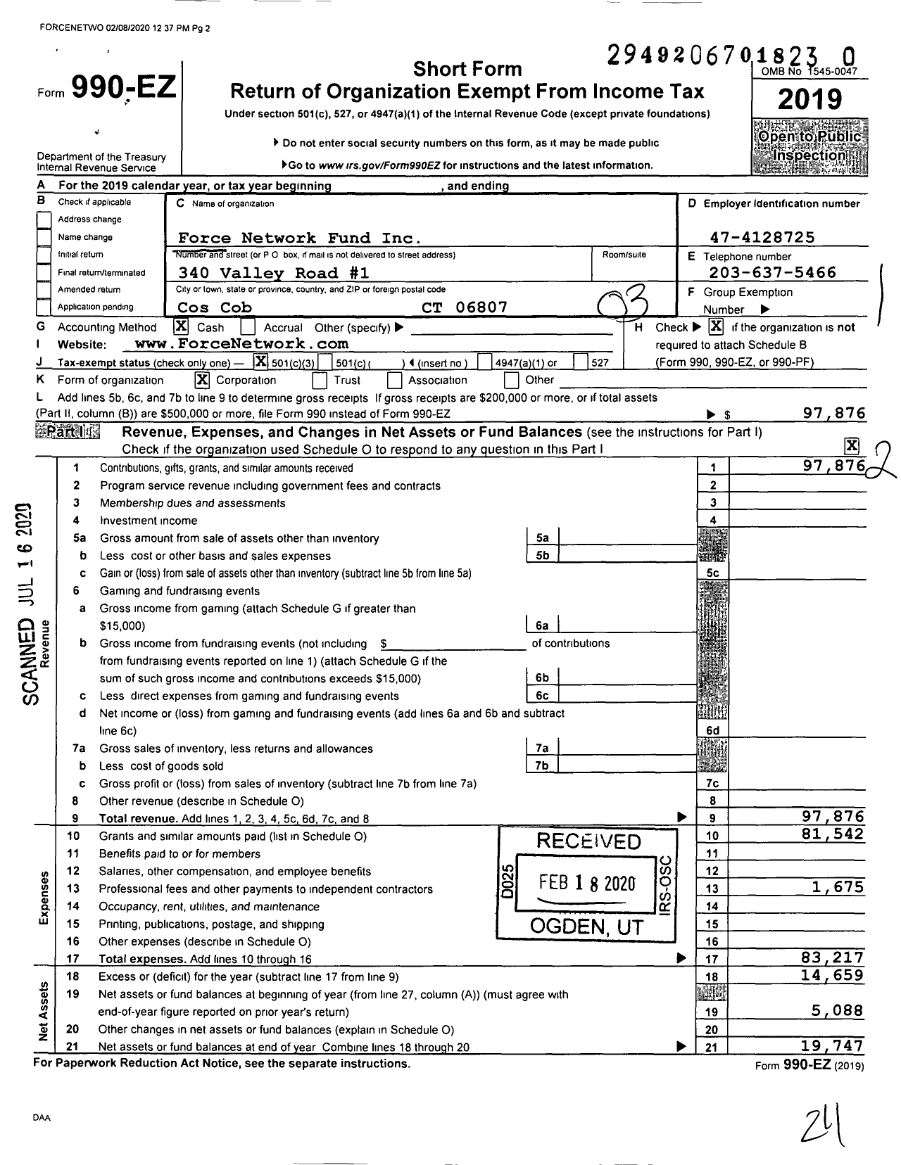 Image of first page of 2019 Form 990EZ for Force Network Fund Mark Gernert