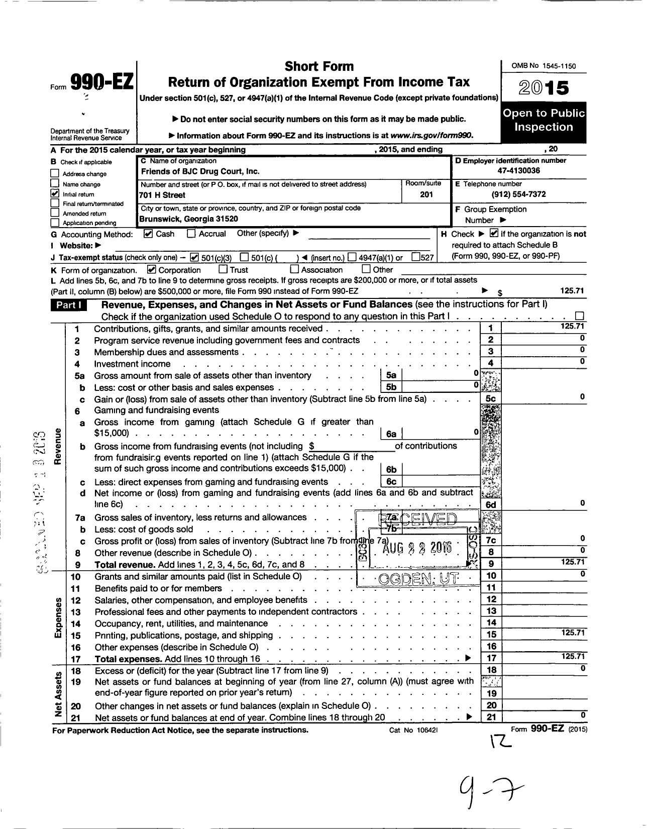 Image of first page of 2015 Form 990EZ for Friends of BJC Drug Court