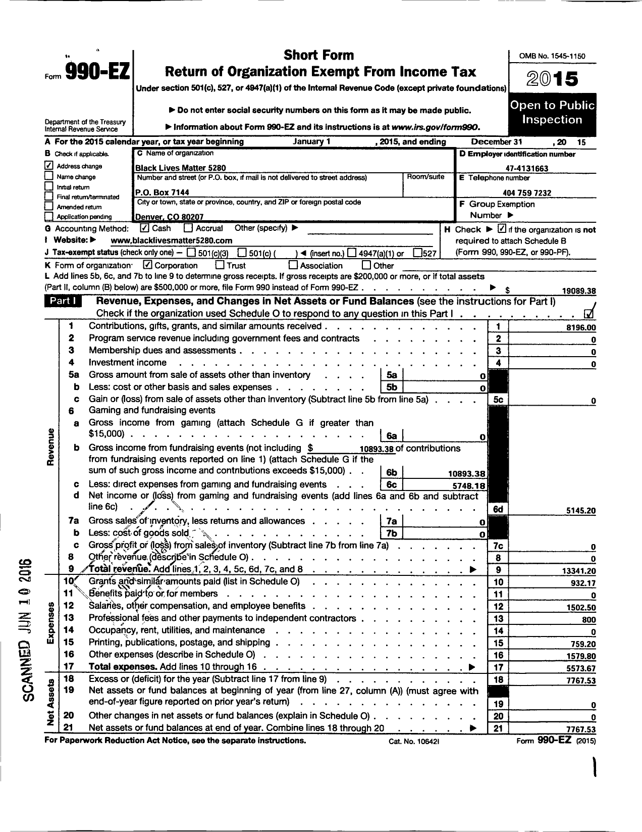 Image of first page of 2015 Form 990EO for BLM 5280