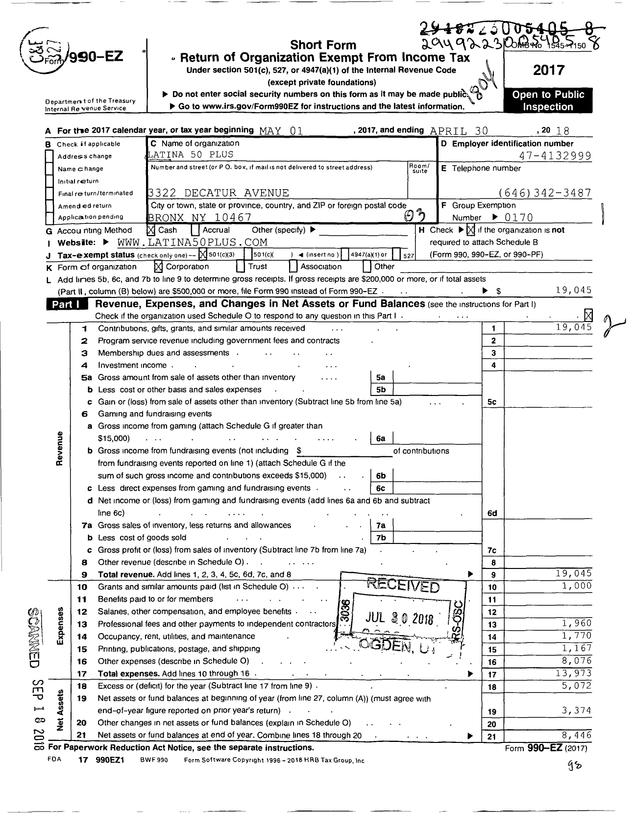 Image of first page of 2017 Form 990EZ for Latina 50 Plus