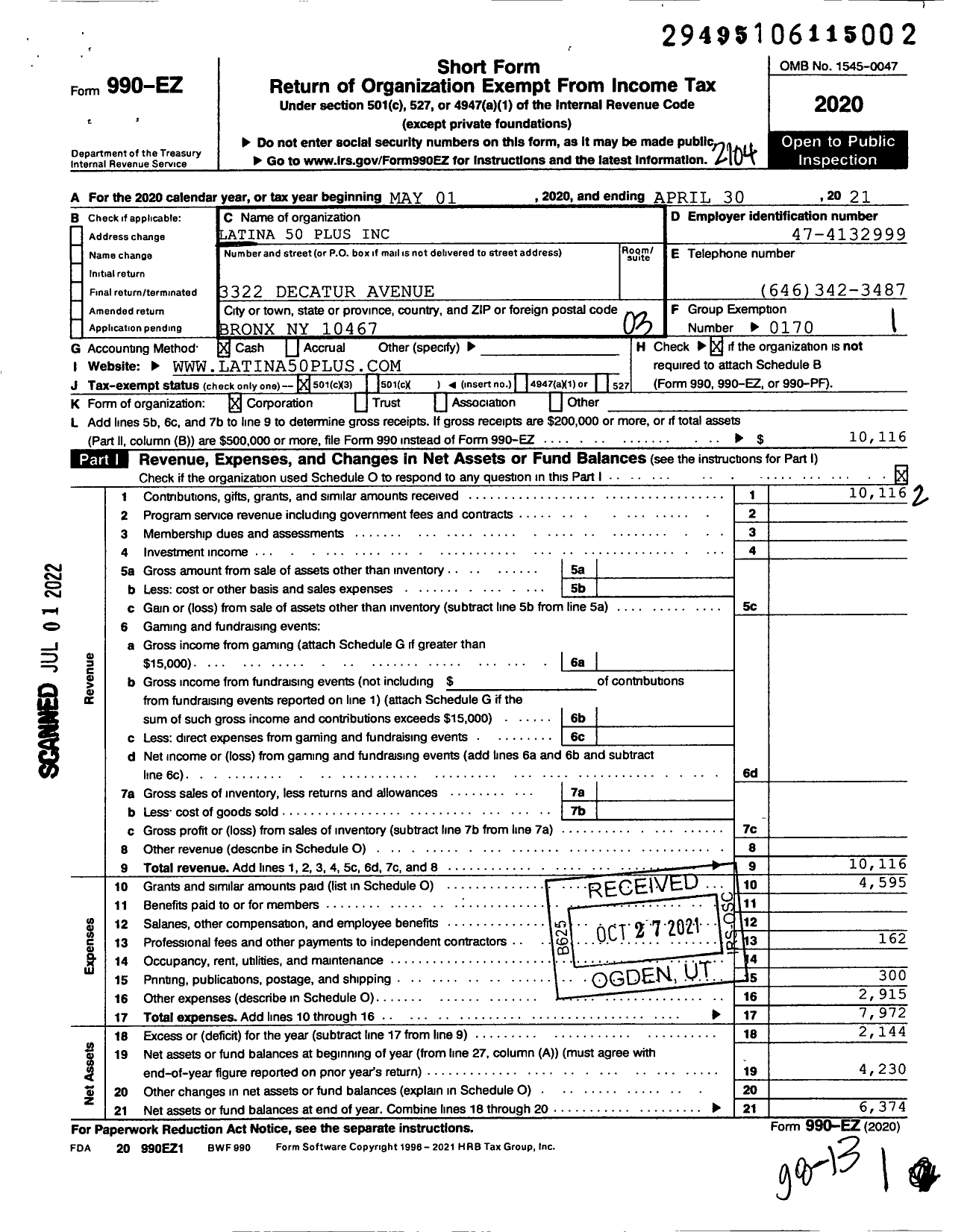 Image of first page of 2020 Form 990EZ for Latina 50 Plus