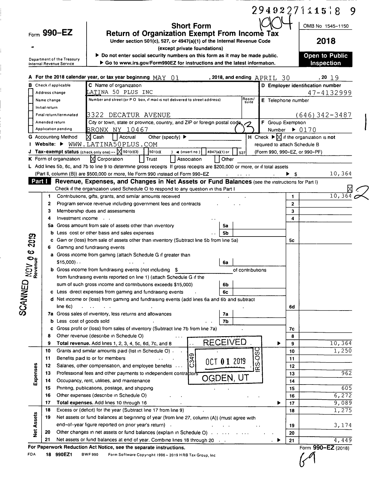 Image of first page of 2018 Form 990EZ for Latina 50 Plus