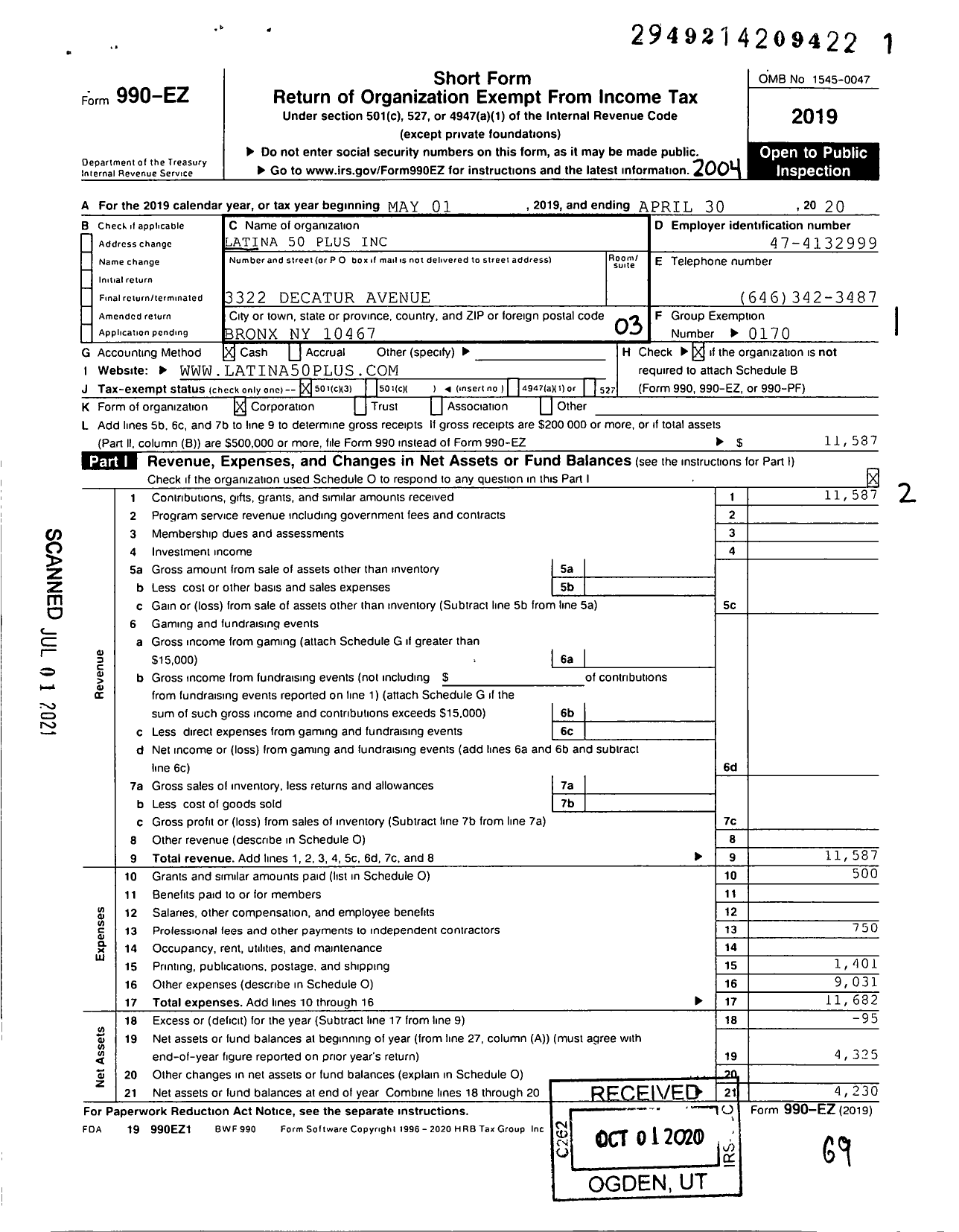 Image of first page of 2019 Form 990EZ for Latina 50 Plus