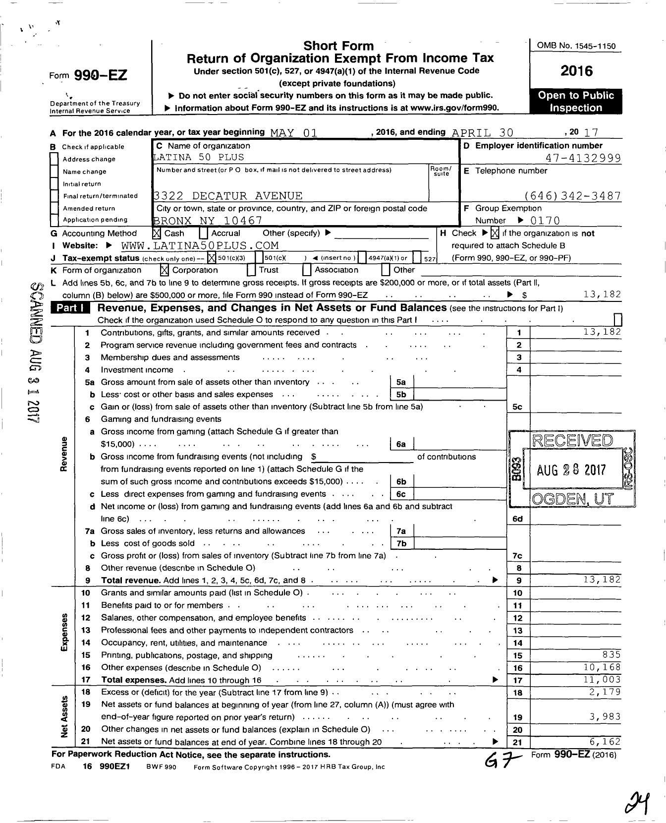 Image of first page of 2016 Form 990EZ for Latina 50 Plus