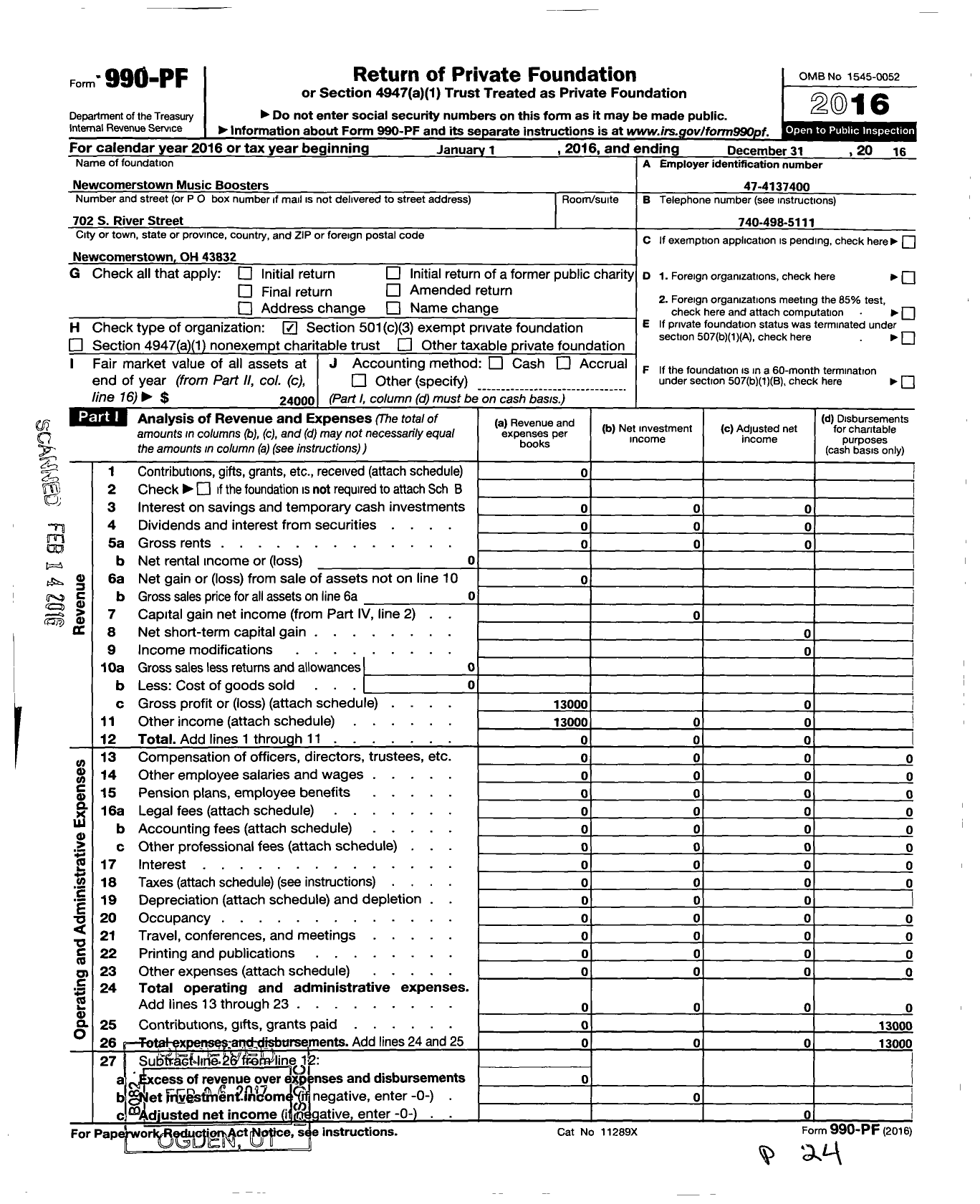 Image of first page of 2016 Form 990PF for Newcomerstown Music Boosters