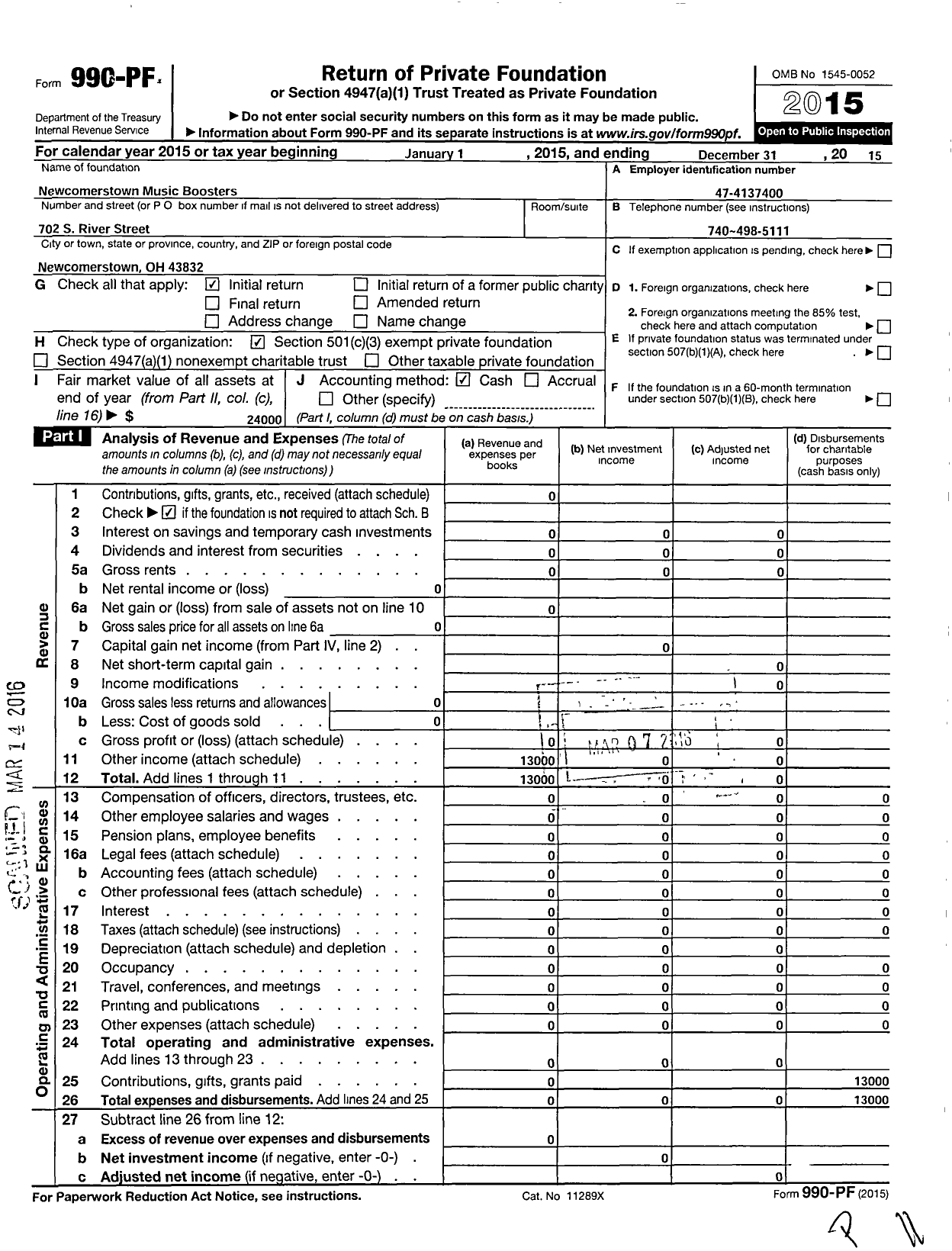 Image of first page of 2015 Form 990PF for Newcomerstown Music Boosters