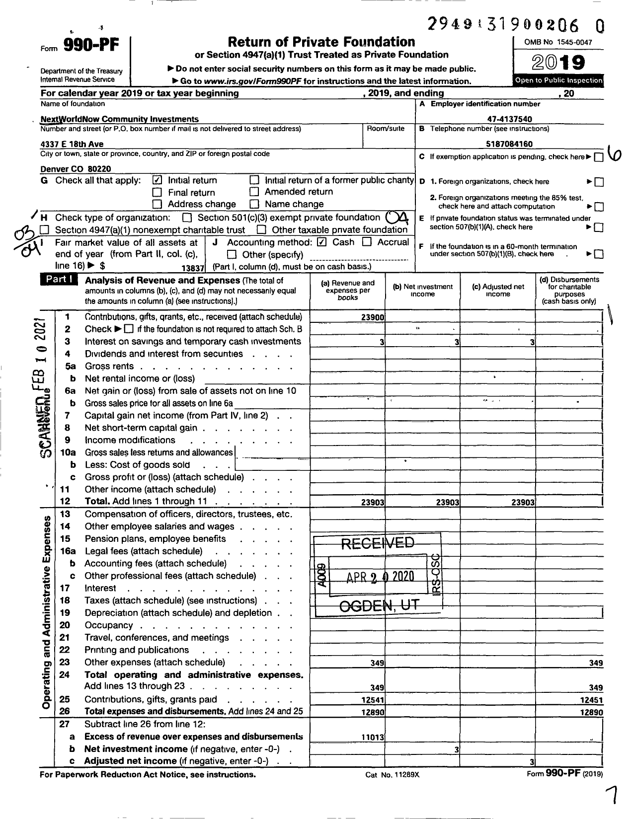 Image of first page of 2019 Form 990PF for Nextworldnow Community Investments