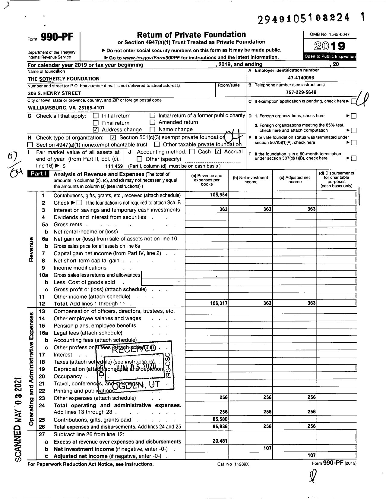 Image of first page of 2019 Form 990PF for The Sotherly Foundation