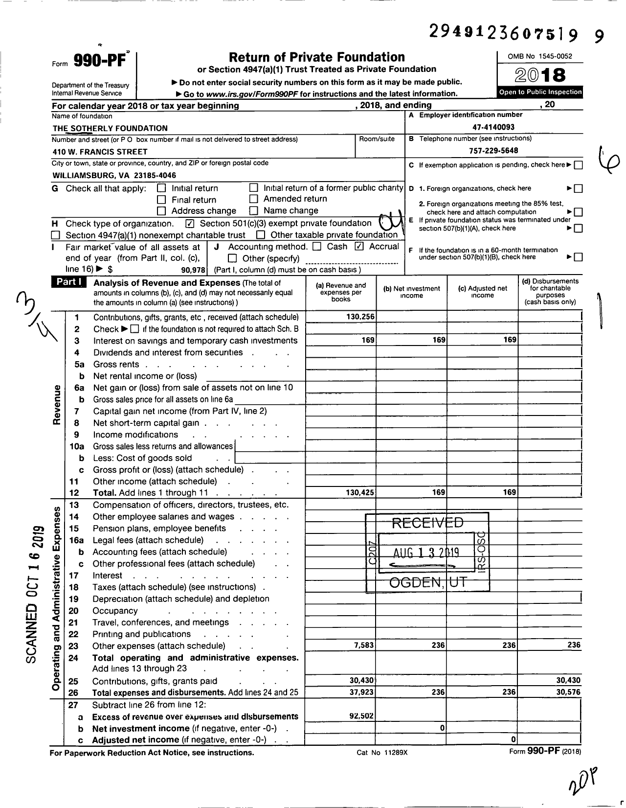 Image of first page of 2018 Form 990PF for The Sotherly Foundation