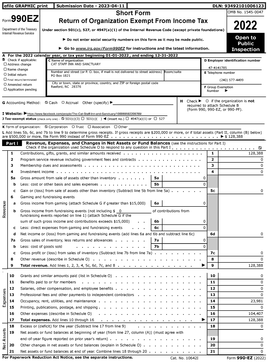 Image of first page of 2022 Form 990EZ for Cat Staff Inn and Sanctuary