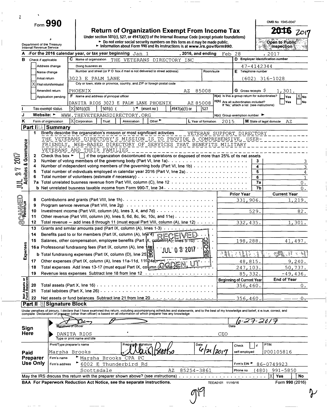 Image of first page of 2016 Form 990 for The Veterans Directory