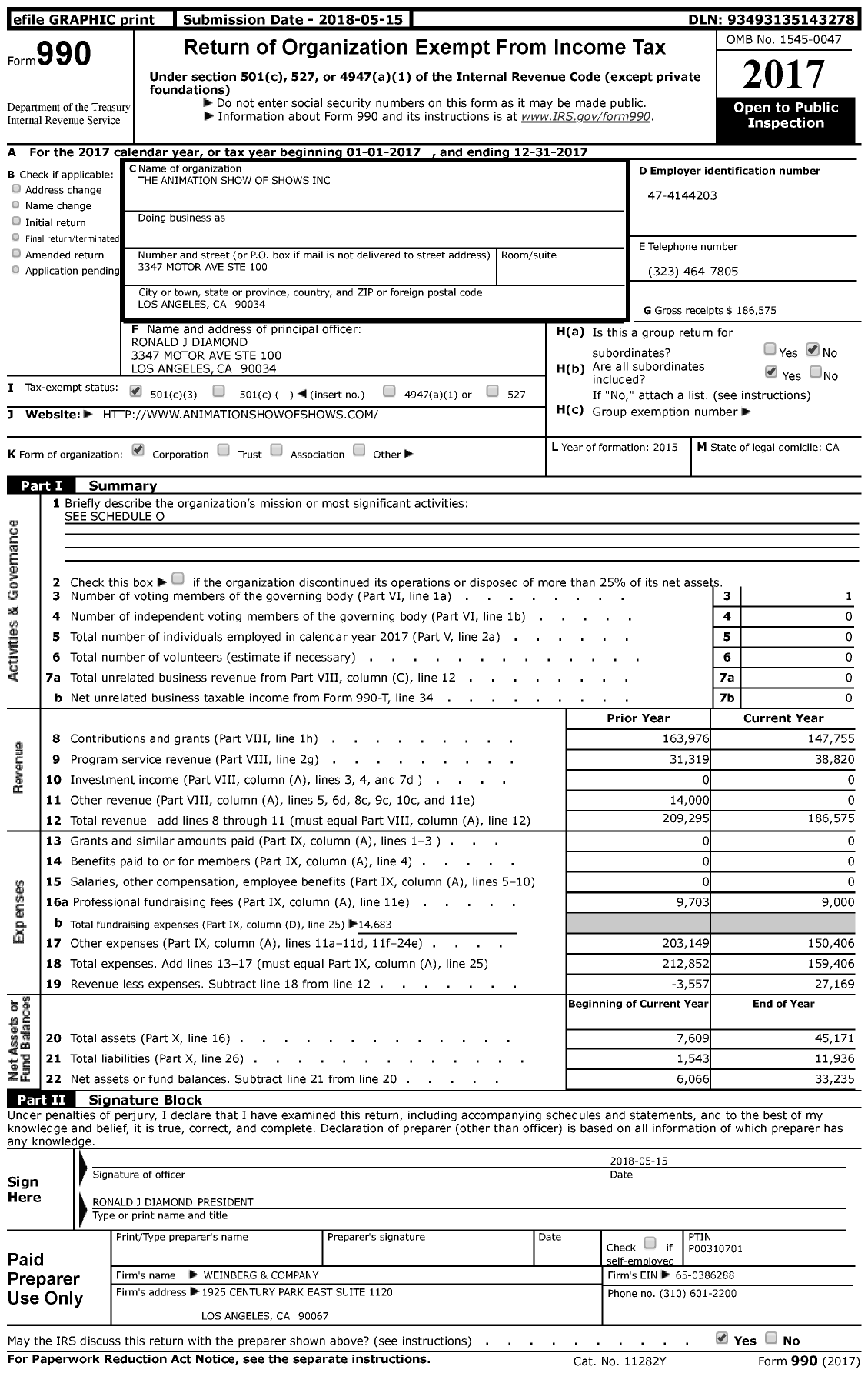 Image of first page of 2017 Form 990 for The Animation Show of Shows