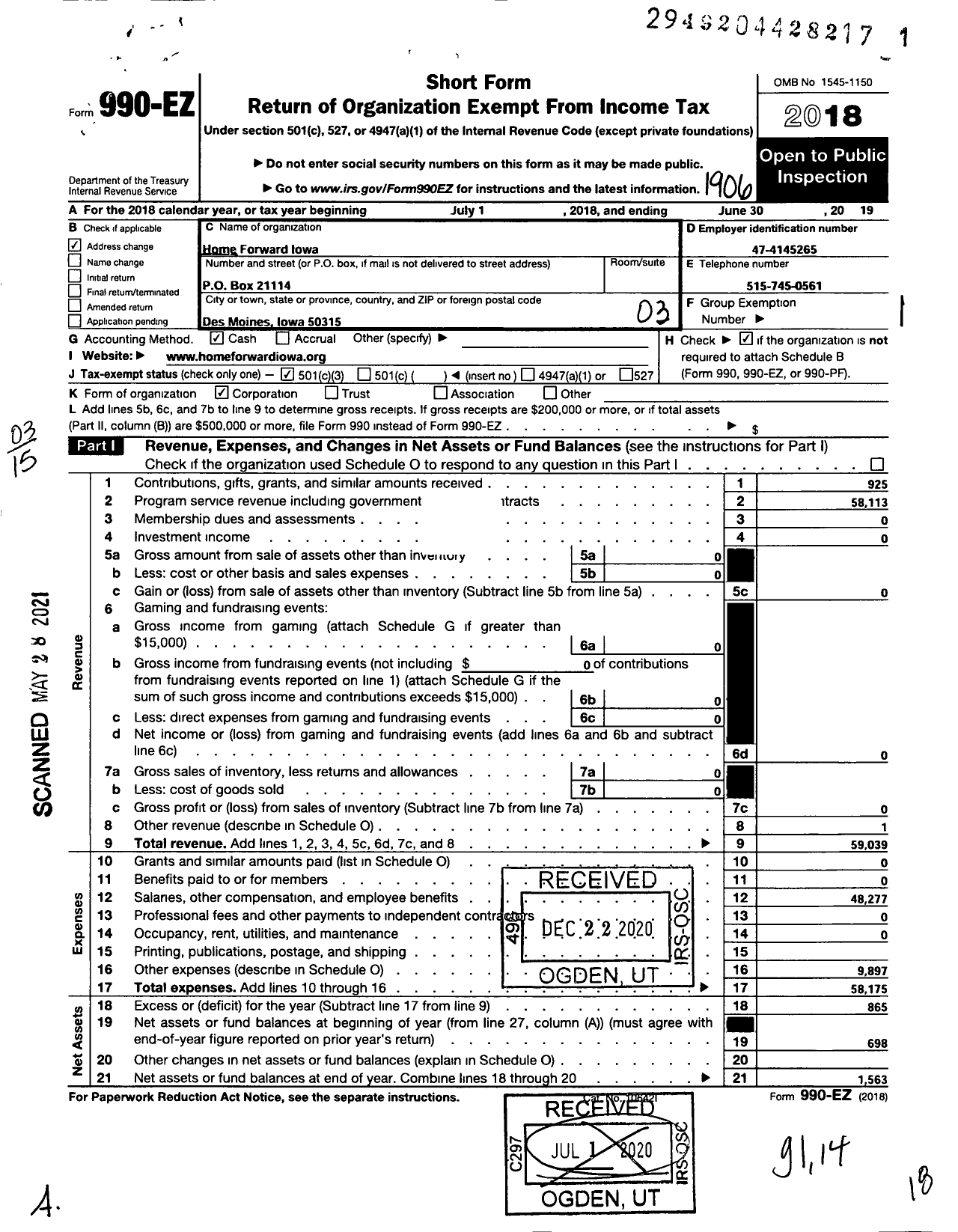 Image of first page of 2018 Form 990EZ for Home Forward Iowa