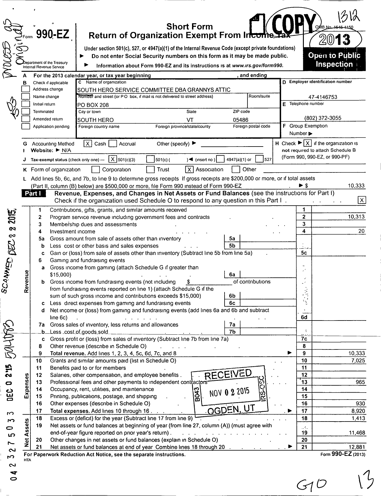 Image of first page of 2013 Form 990EZ for South Hero Service Committee