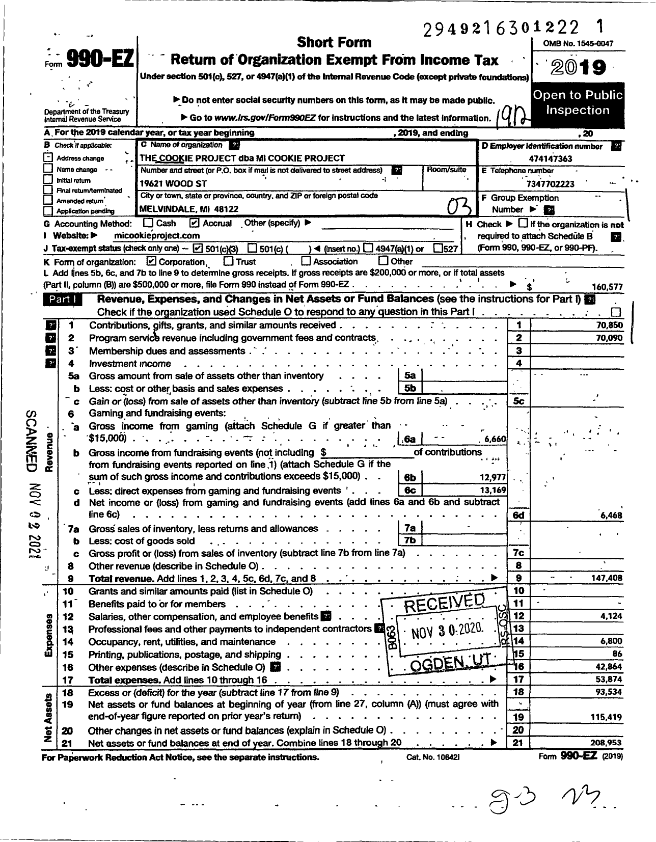 Image of first page of 2019 Form 990EZ for Mi COOKIE PROJECT