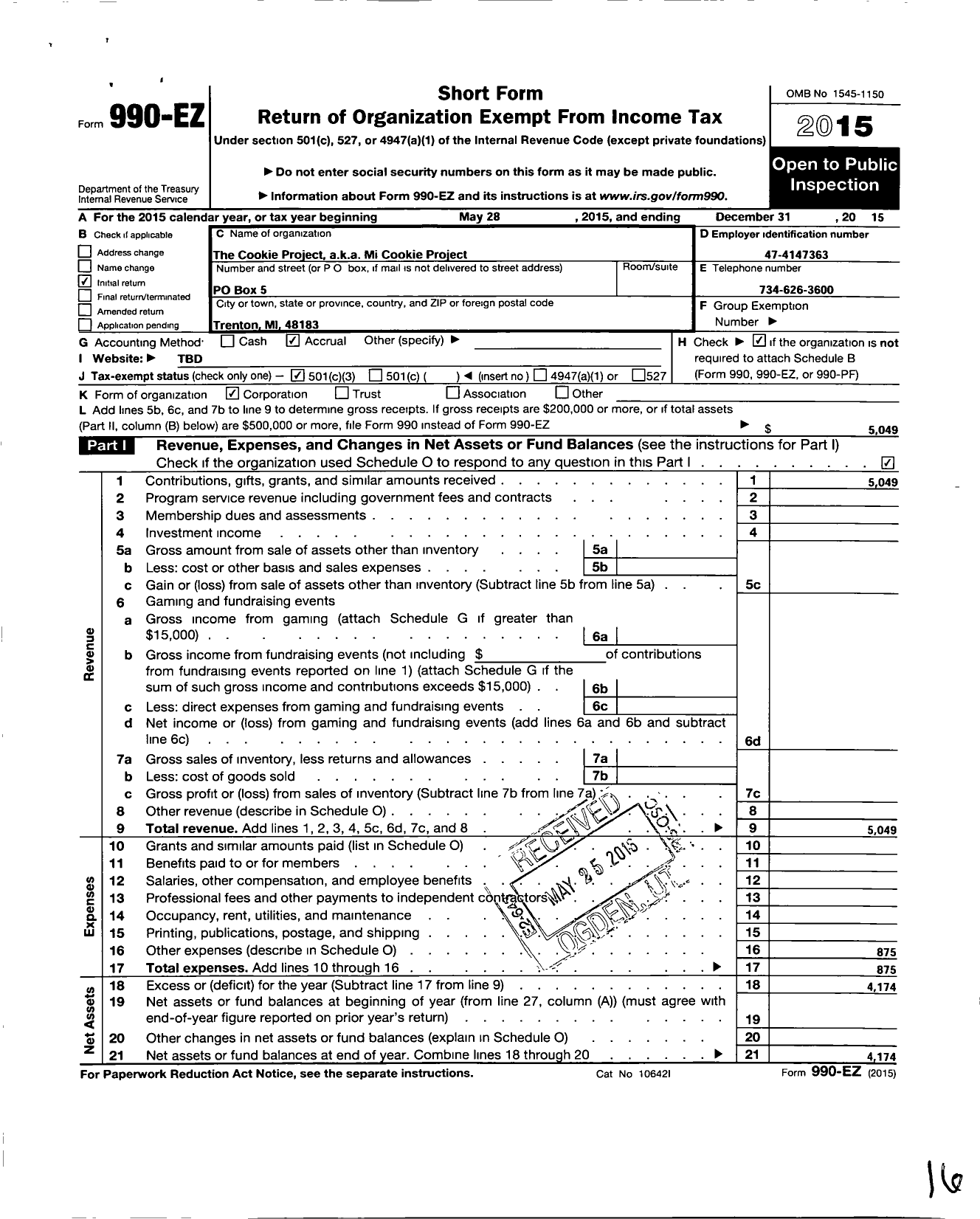 Image of first page of 2015 Form 990EZ for Mi COOKIE PROJECT