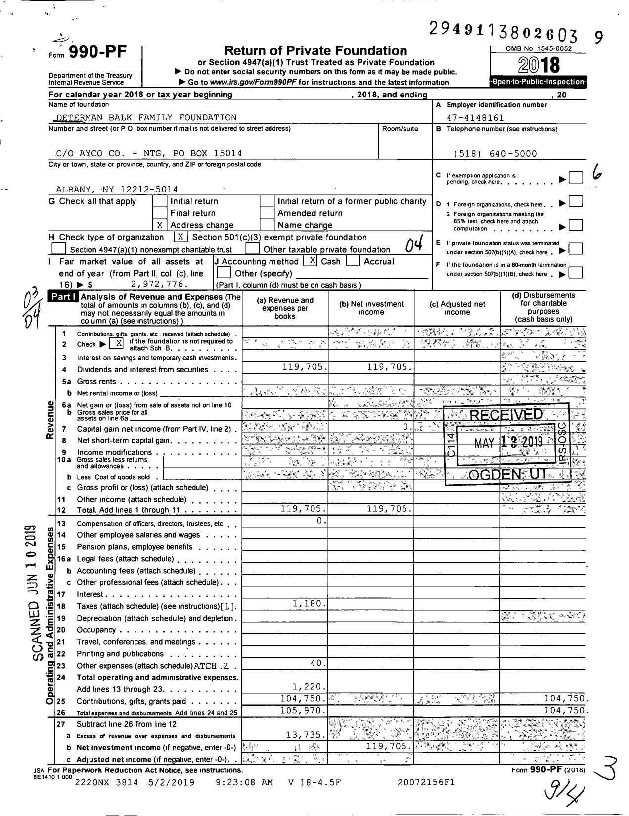 Image of first page of 2018 Form 990PF for Determan Balk Family Foundation