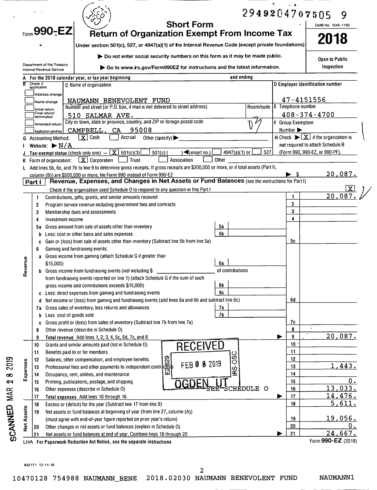 Image of first page of 2018 Form 990EZ for Naumann Benevolent Fund