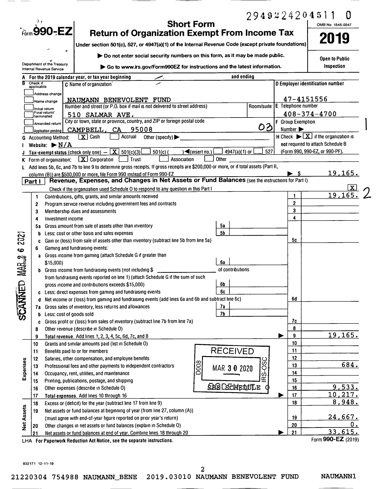 Image of first page of 2019 Form 990EZ for Naumann Benevolent Fund