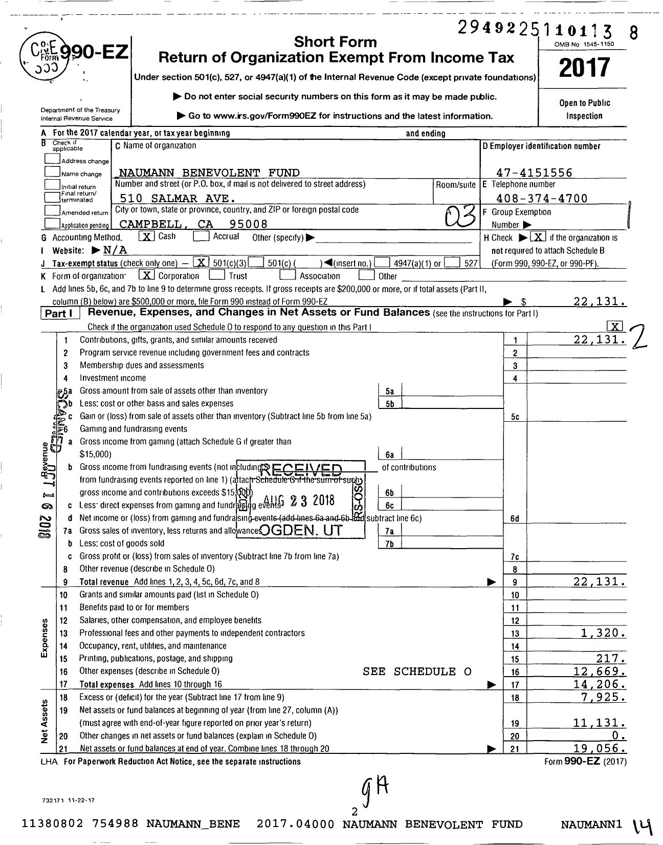 Image of first page of 2017 Form 990EZ for Naumann Benevolent Fund