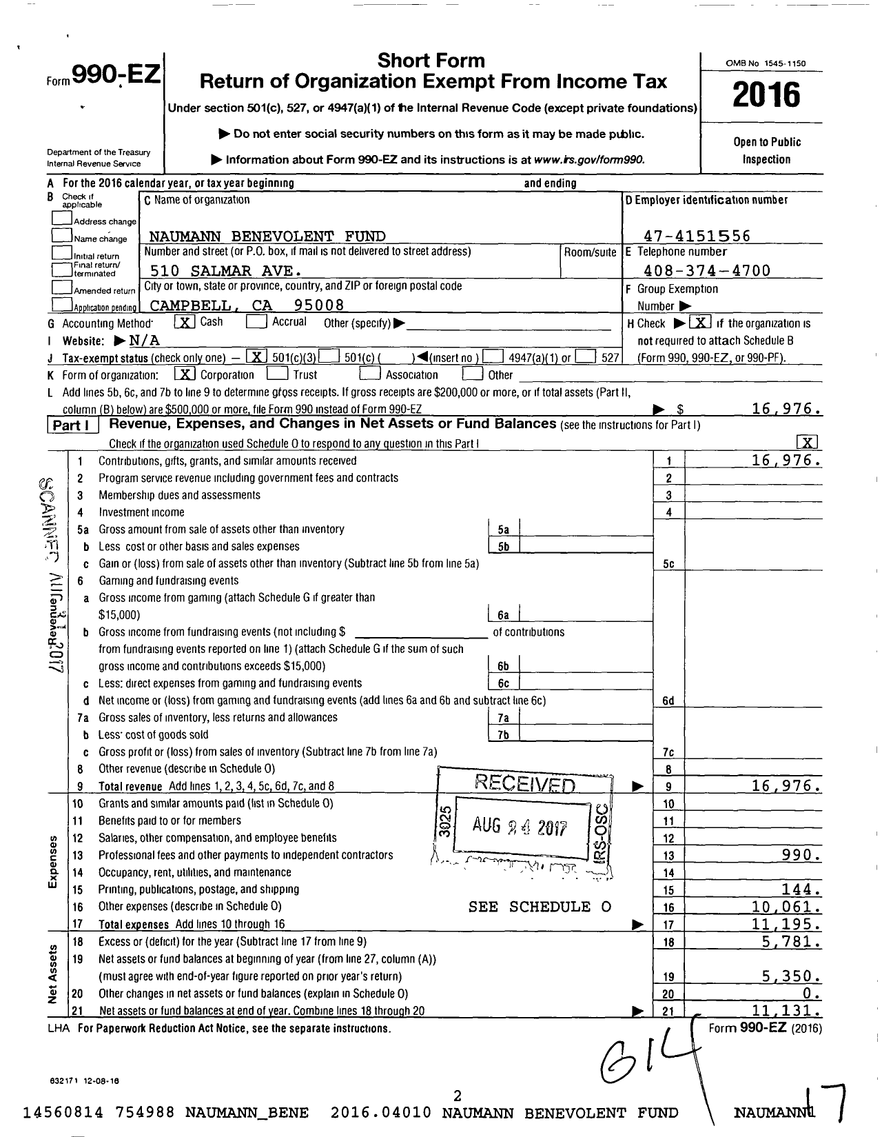 Image of first page of 2016 Form 990EZ for Naumann Benevolent Fund