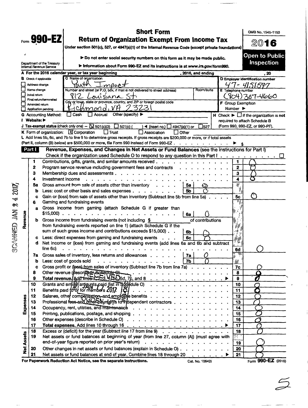 Image of first page of 2016 Form 990EZ for Youth Impact