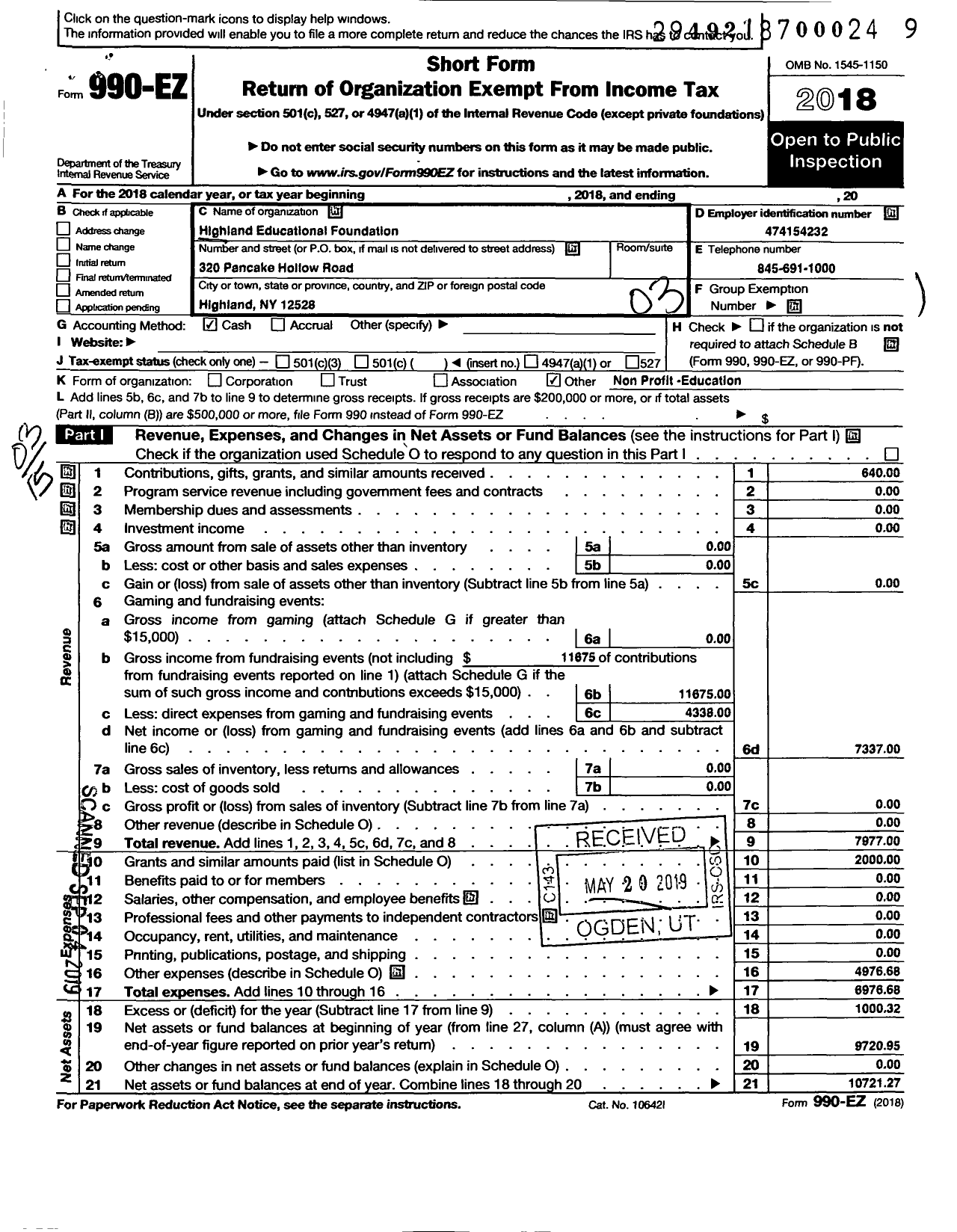 Image of first page of 2018 Form 990EZ for Highland Educational Foundation