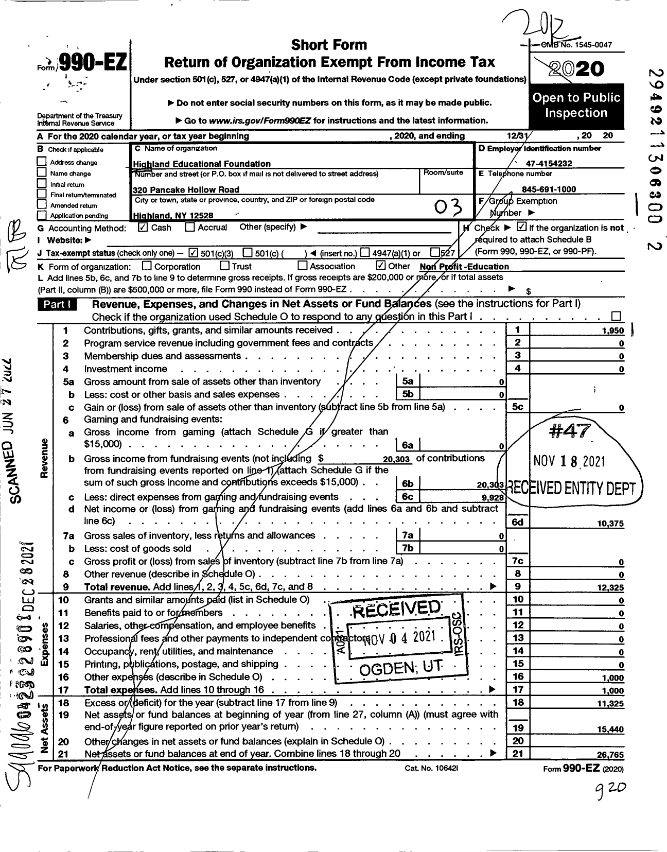 Image of first page of 2020 Form 990EZ for Highland Educational Foundation