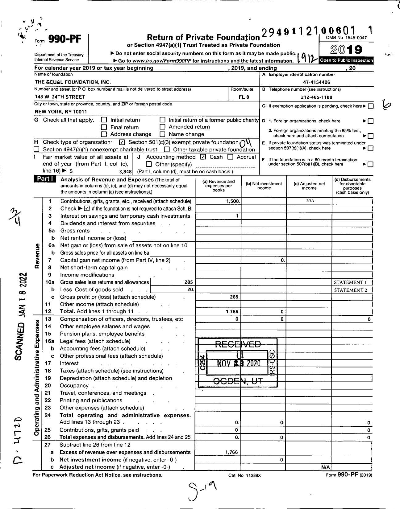 Image of first page of 2019 Form 990PF for Ecual Foundation