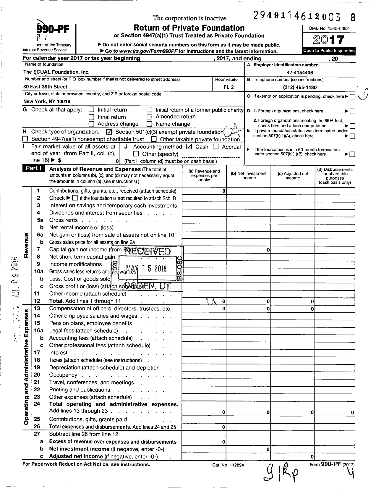 Image of first page of 2017 Form 990PF for Ecual Foundation