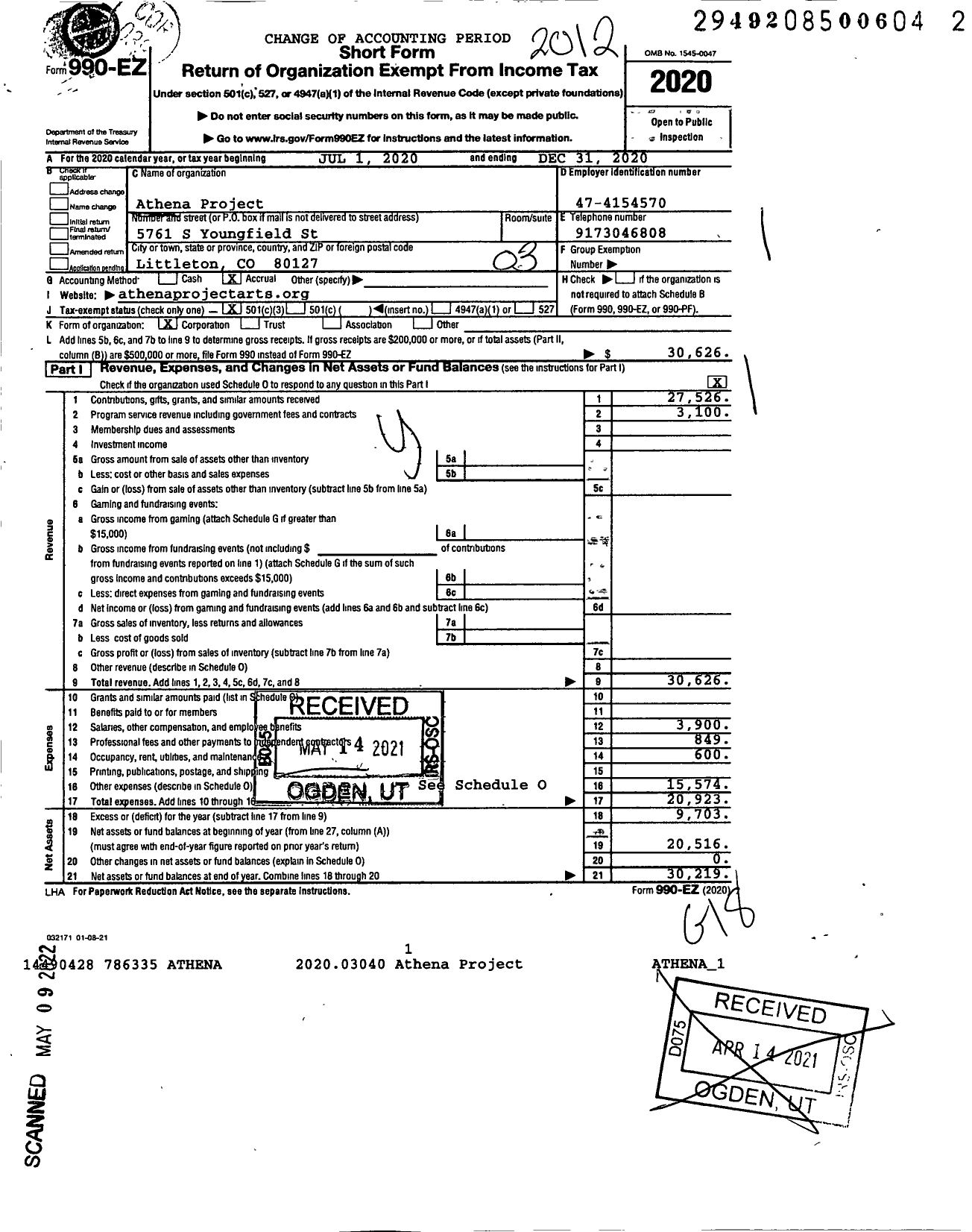 Image of first page of 2020 Form 990EZ for Athena Project