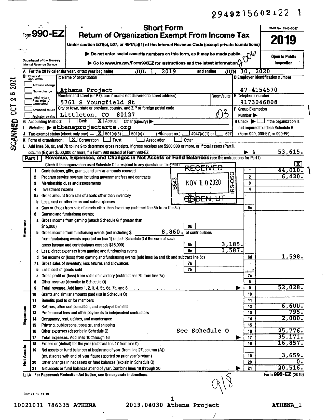 Image of first page of 2019 Form 990EZ for Athena Project