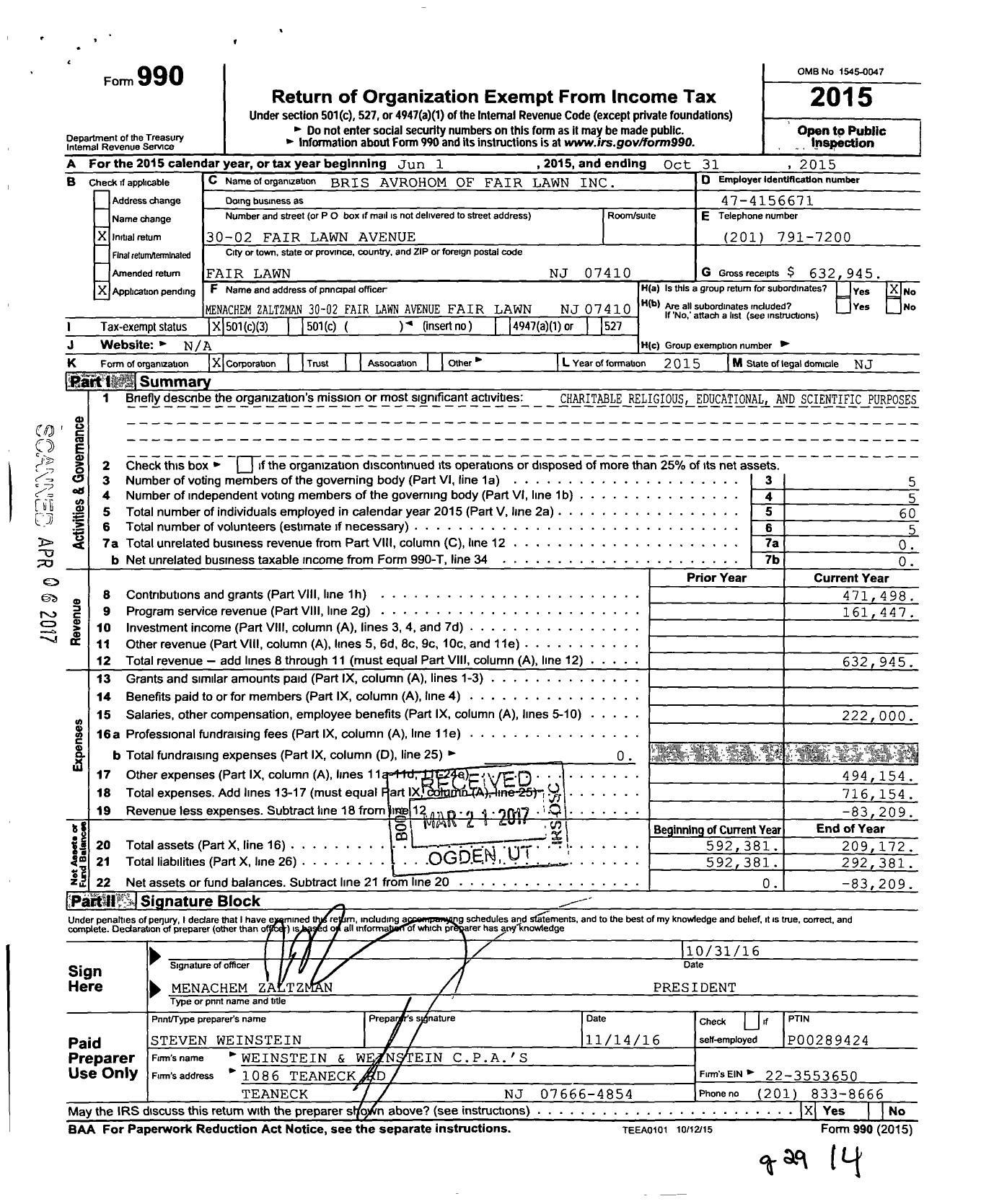 Image of first page of 2014 Form 990 for Bris Avrohom of Fair Lawn