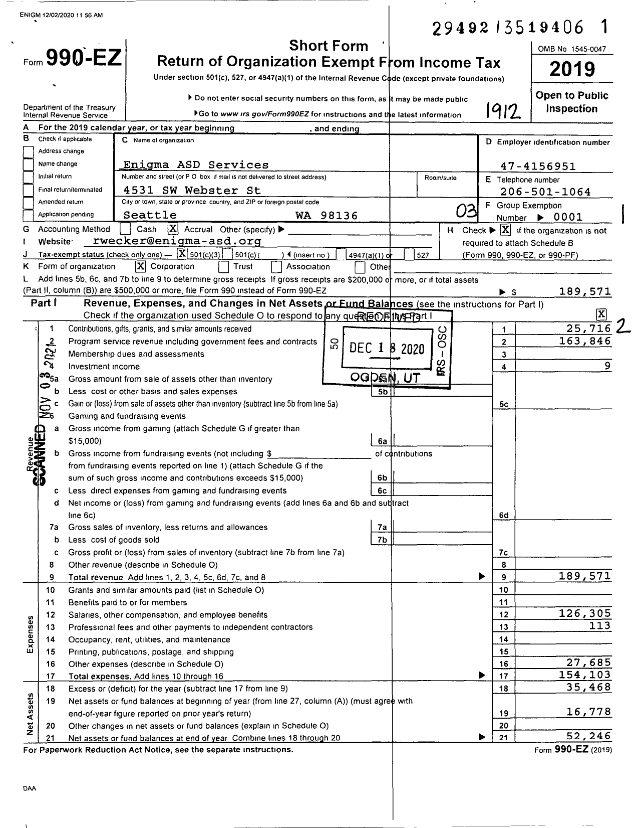 Image of first page of 2019 Form 990EZ for Engima ASD Services