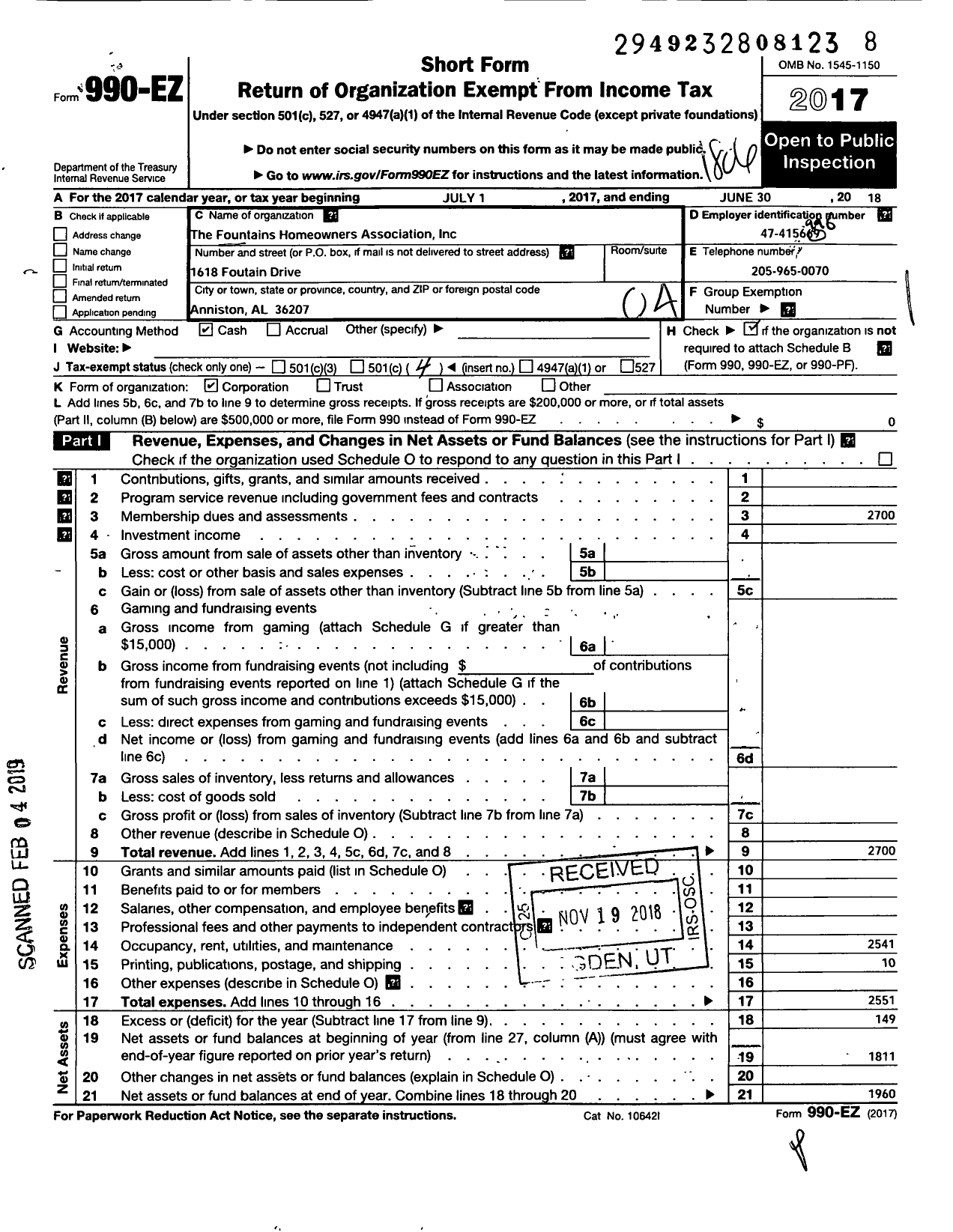 Image of first page of 2017 Form 990EO for Fountains Homeowners Association