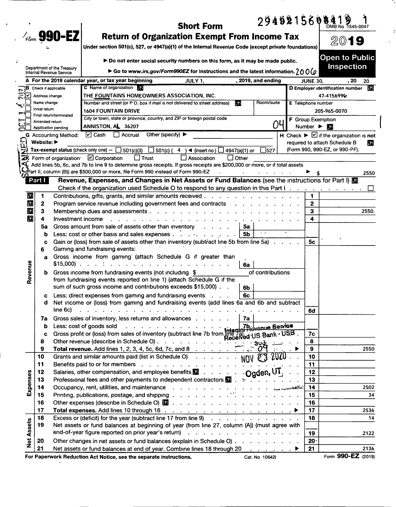 Image of first page of 2019 Form 990EO for Fountains Homeowners Association