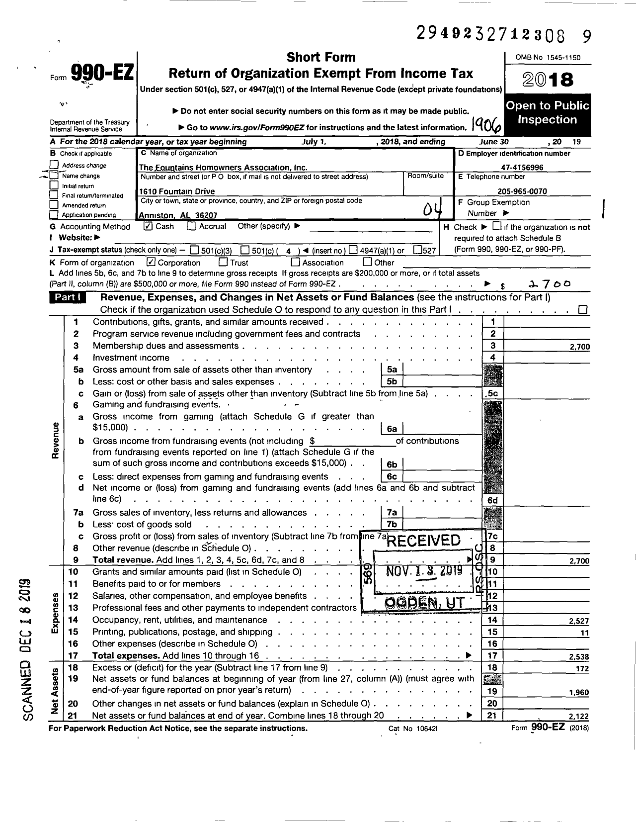 Image of first page of 2018 Form 990EO for Fountains Homeowners Association