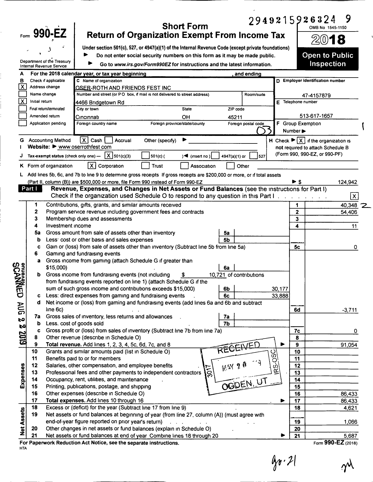 Image of first page of 2018 Form 990EZ for Oser-Roth and Friends Fest