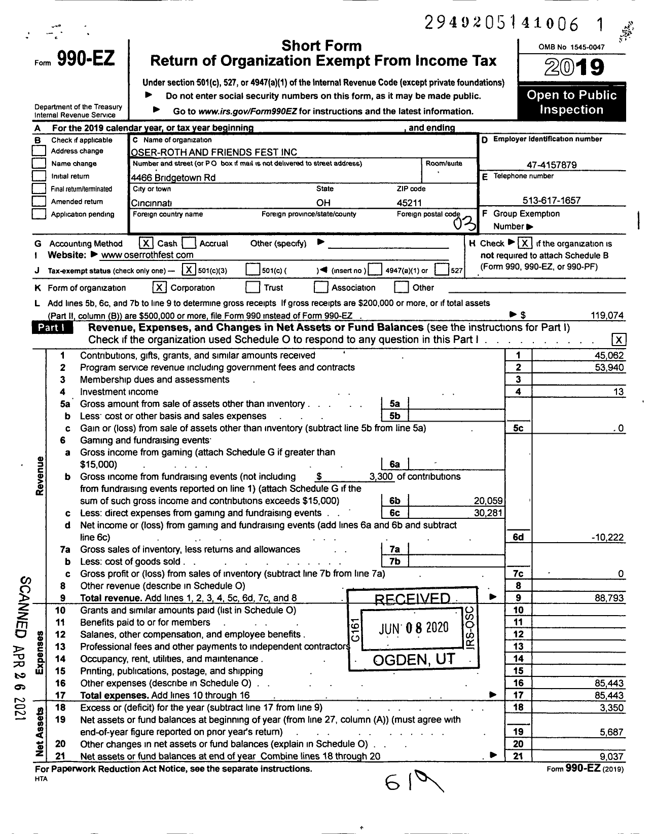 Image of first page of 2019 Form 990EZ for Oser-Roth and Friends Fest