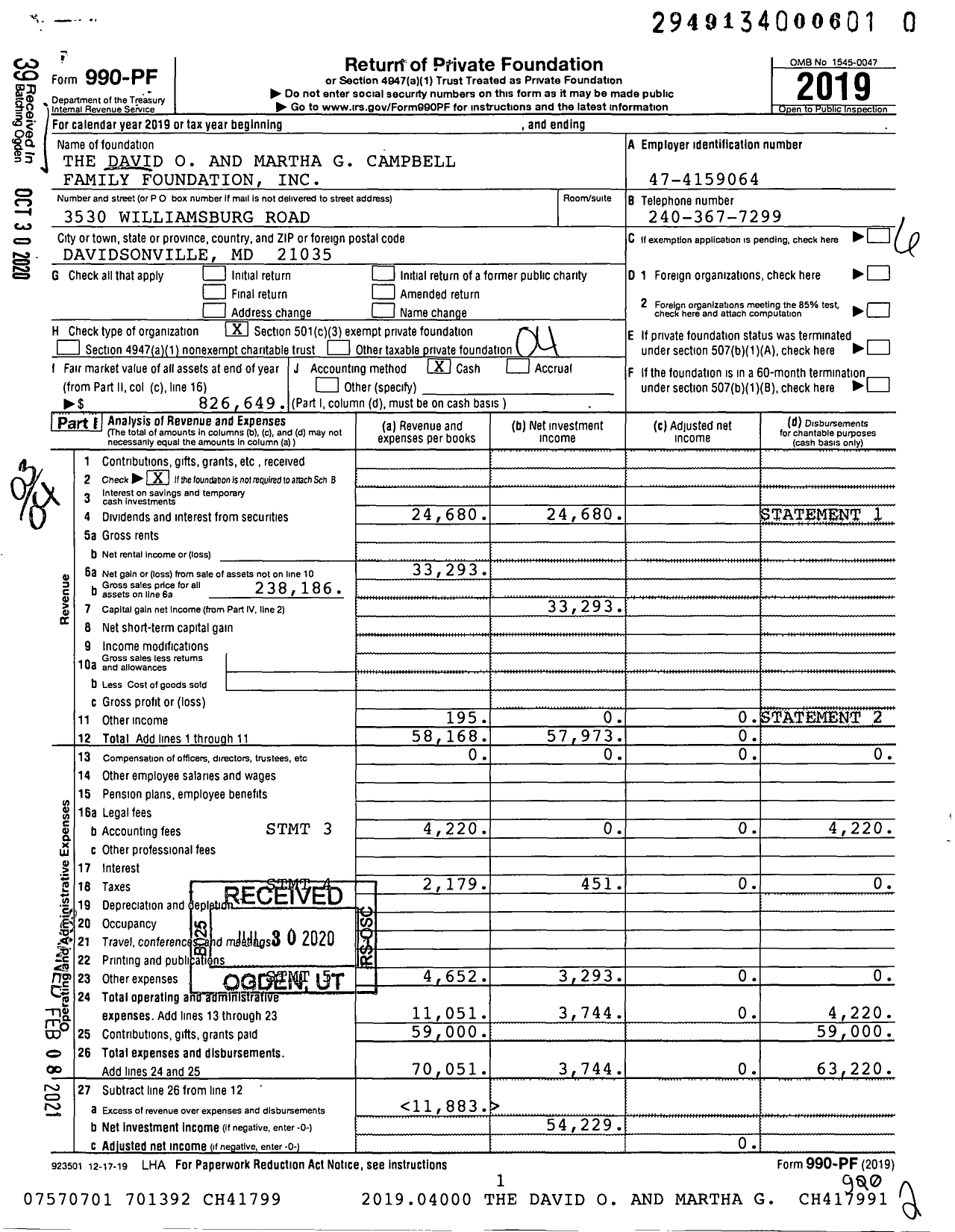 Image of first page of 2019 Form 990PF for The David O and Martha G Campbell Family Foundation