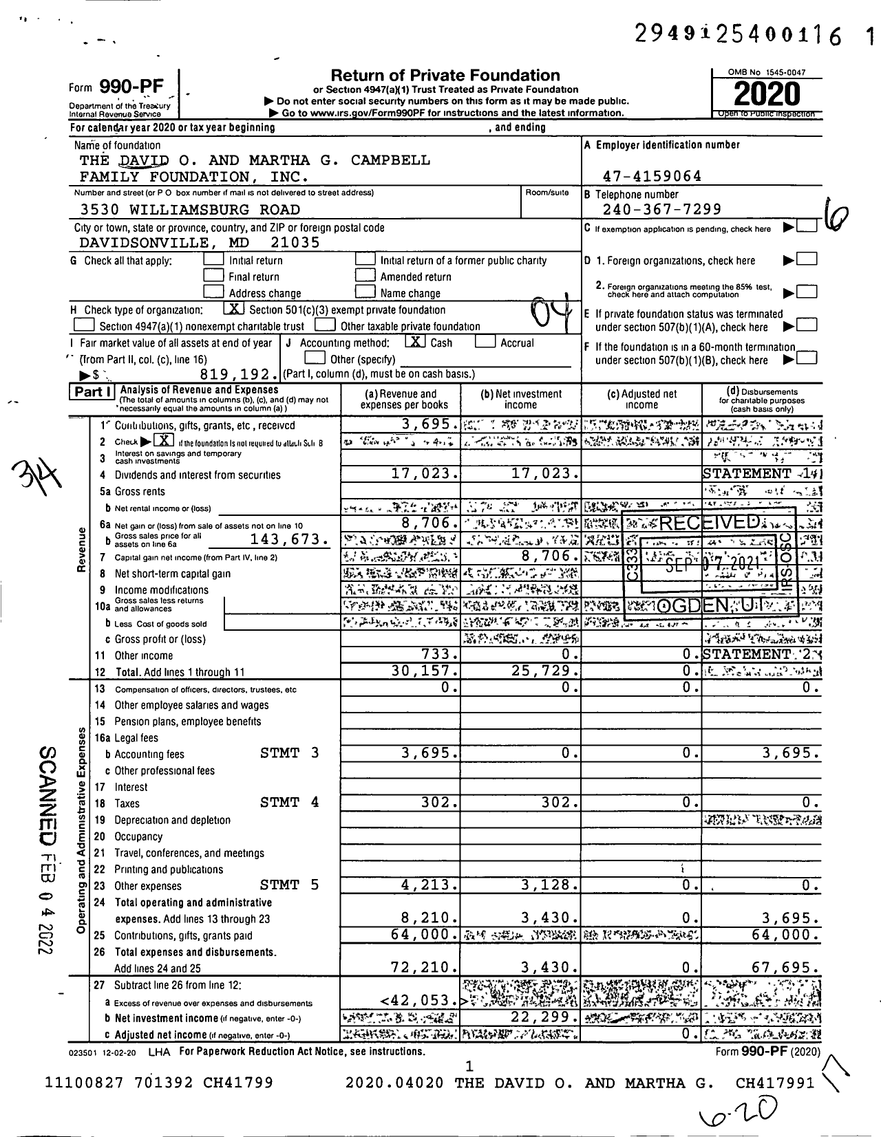 Image of first page of 2020 Form 990PF for The David O and Martha G Campbell Family Foundation